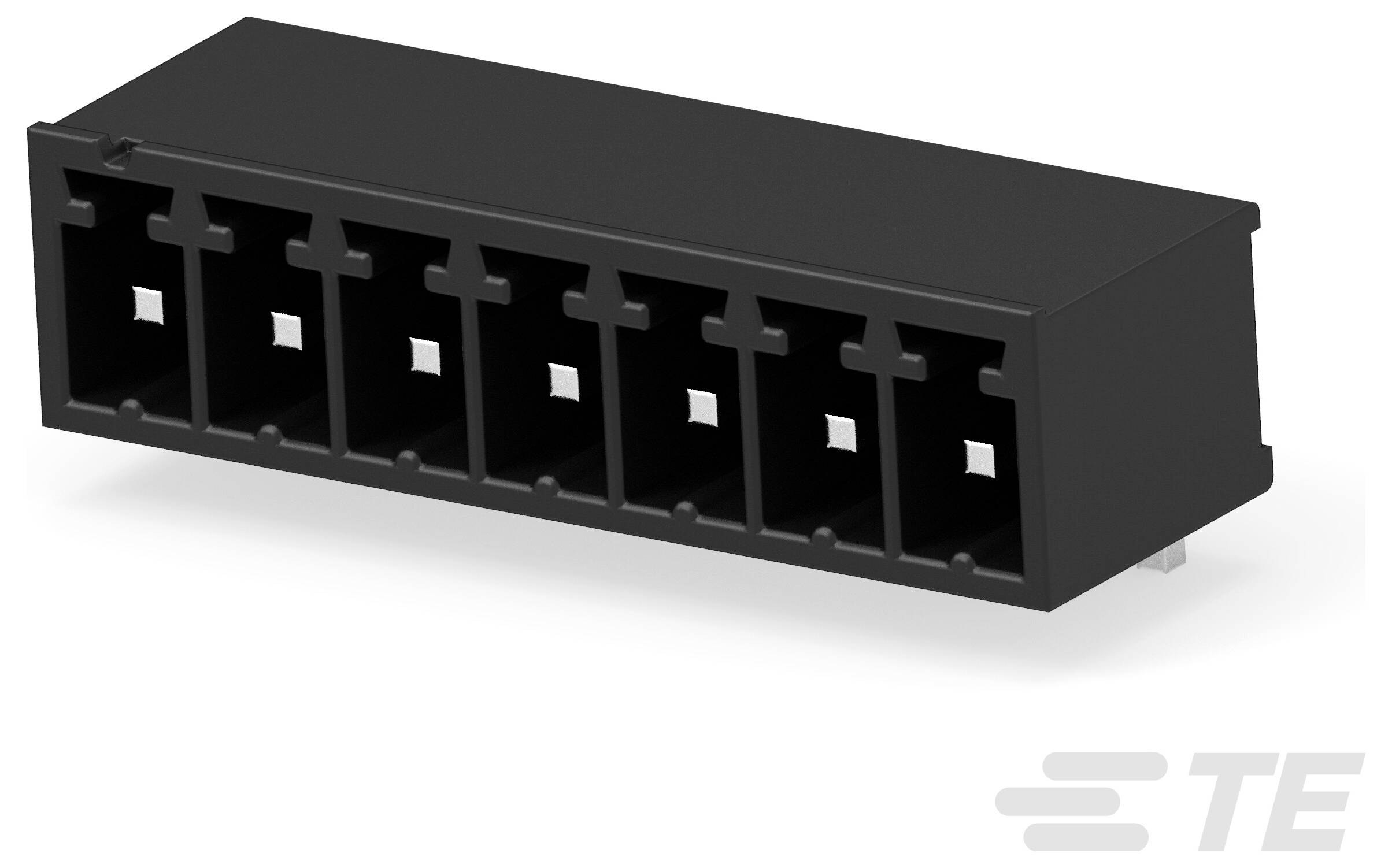 'Gniazdo modelowe TE Connectivity 8-portowe z lutowaniem przez otwór, czarne, widoki z góry i z boku.'
