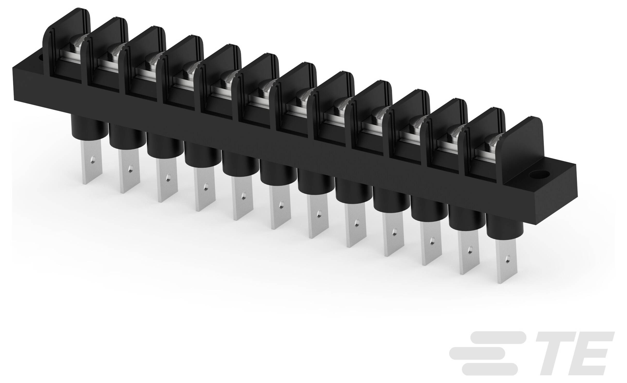 Prostokątny srebrno-czarny elektroniczny włącznik zasilania z czerwonym lampką wskaźnikową, zawierający symbol włączenia/wyłączenia. Produkcent: TE.