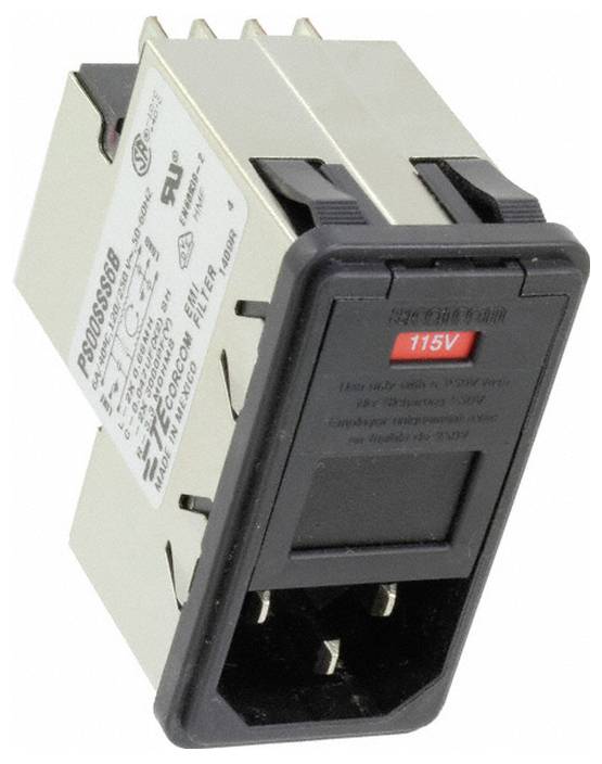 Metalowy komponent elektroniczny z czerwoną etykietą "115V", zaprojektowany do łączności elektrycznej, wyposażony w wiele złączy i znaki certyfikacyjne.
