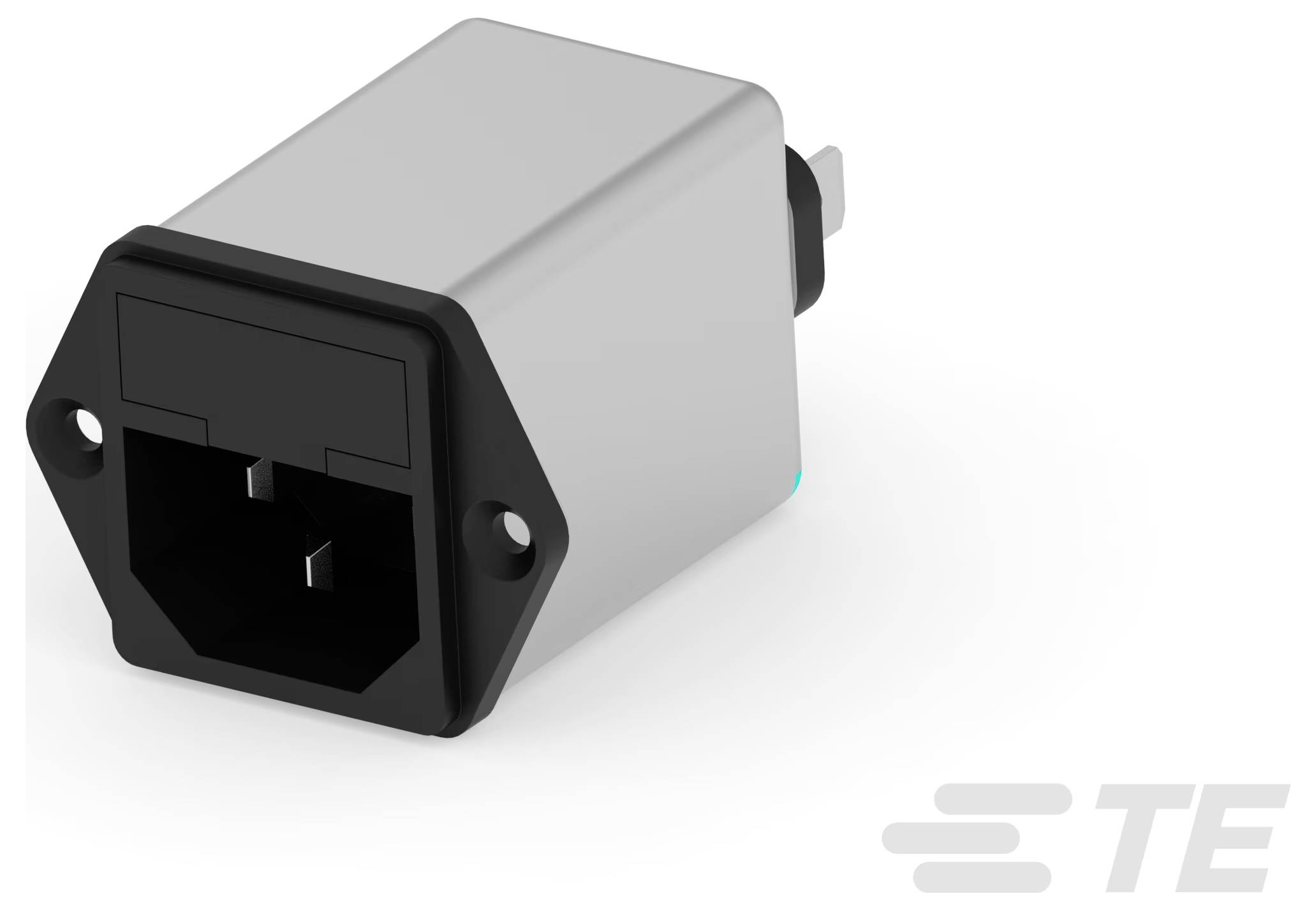 Trójzaciskowy łącznik zasilający z obudową prostokątną, zamontowany w metalowej obudowie, do połączeń elektrycznych.