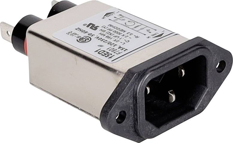 Trójkołowy złącz zasilania z metalową obudową i oznaczonymi specyfikacjami, stosowany w urządzeniach elektrycznych.