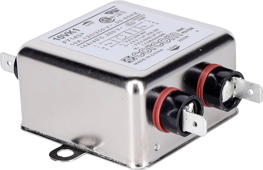 Prostokątny metalowy element elektroniczny z etykietami, złączami i wspornikiem montażowym, stosowany w aplikacjach filtracji elektrycznej.