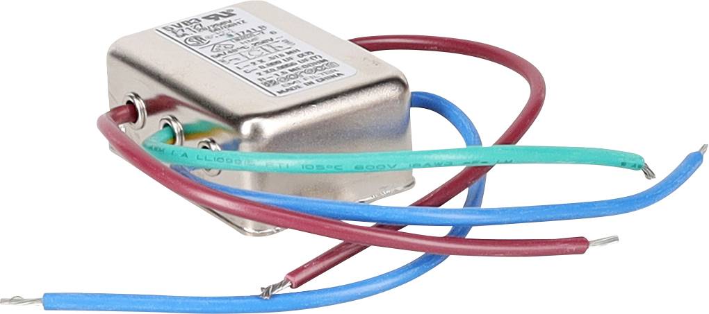 Mały, prostokątny metalowy element elektryczny z wystającymi kolorowymi przewodami, w tym przewodami czerwonymi, niebieskimi i zielonymi.