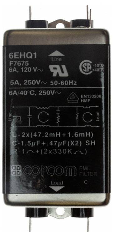 Filtr EMI Corcom, Model 6EHQ1, 6A, 120V, 5A, 250V, 40°C, zawiera kondensatory i cewki indukcyjne; zgodny z normami regulacyjnymi.