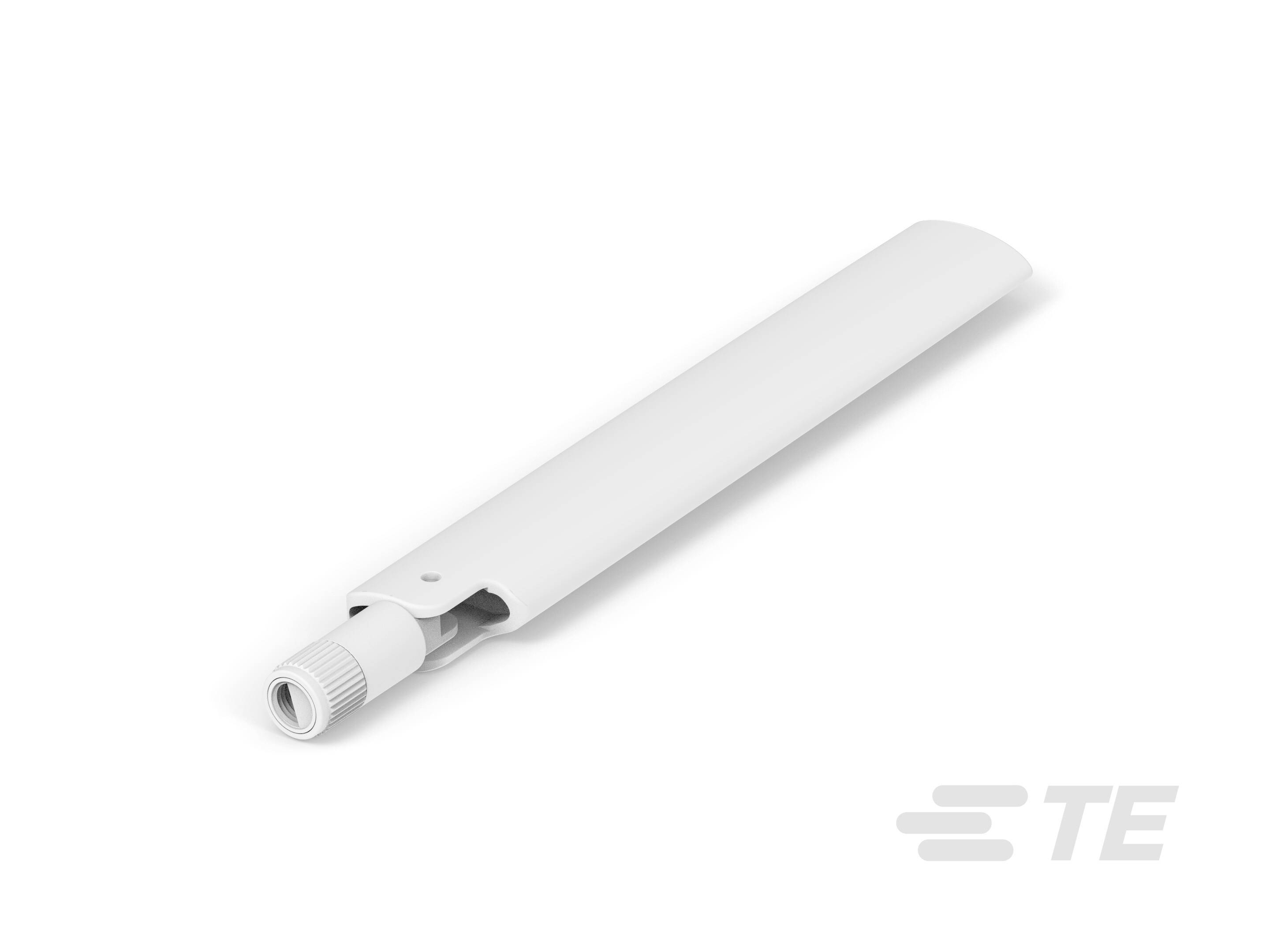 Biała cylindryczna antena na białym tle, lekko pochylona w prawo. Logo marki 'TE' w dolnym prawym rogu.