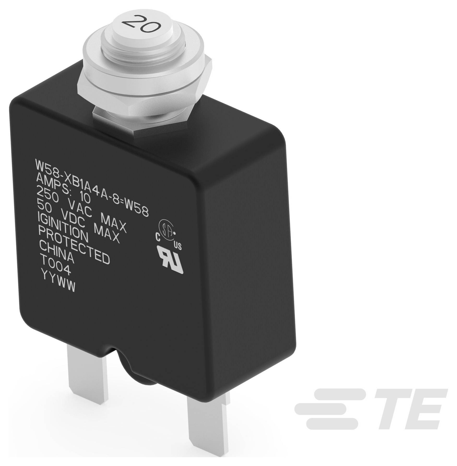 "W58-XB1A4A-8" czarny wyłącznik automatyczny z dwoma metalowymi kolkami i oznaczeniami "250 VAC MAX" i "50 VDC MAX", marki "TE".