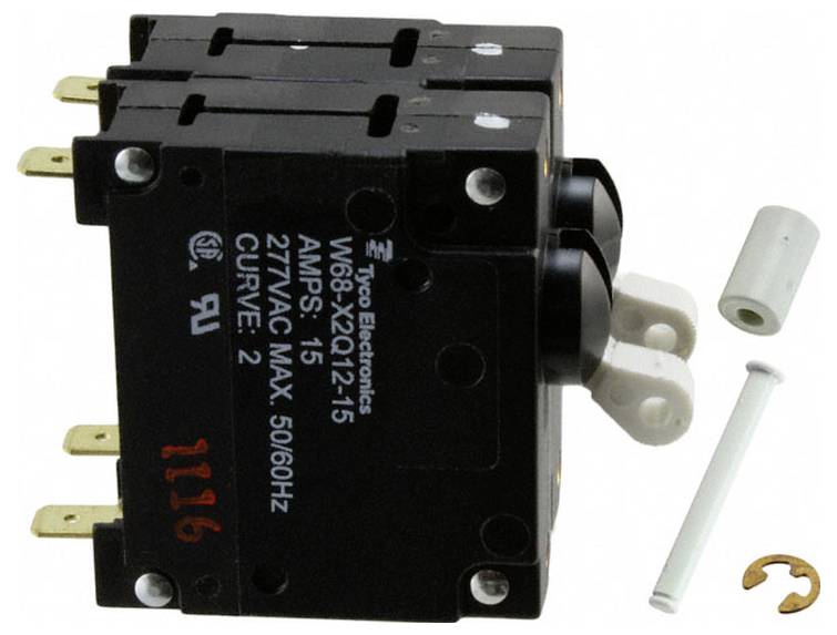 Wyłącznik obwodu z etykietą „Top Electronics, W68-X2Q12-15, 15 AMPS, 277VAC MAX, 50/60HZ, CURVE: 2". Zawiera luźny element plastikowy i zatrzask.