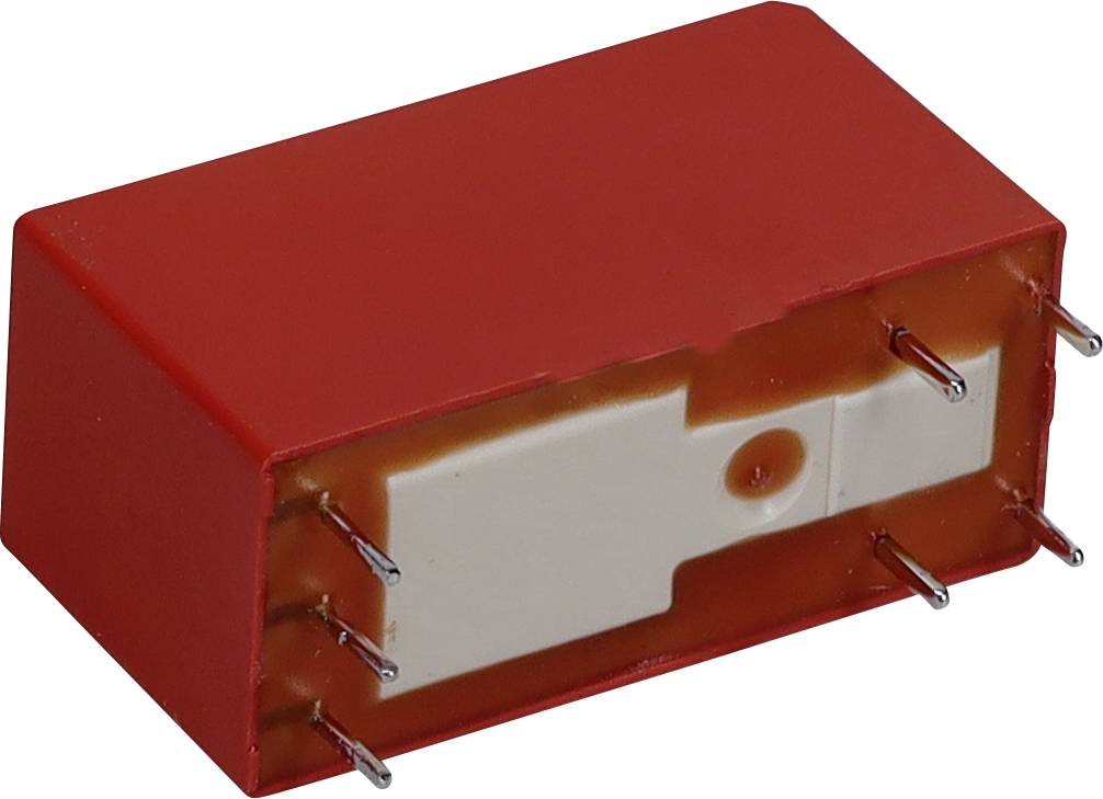 Prostokątny, czerwony element elektroniczny z sześcioma metalowymi pinami, prawdopodobnie przekaźnik lub podobne urządzenie, przeznaczony do integracji w obwodzie.