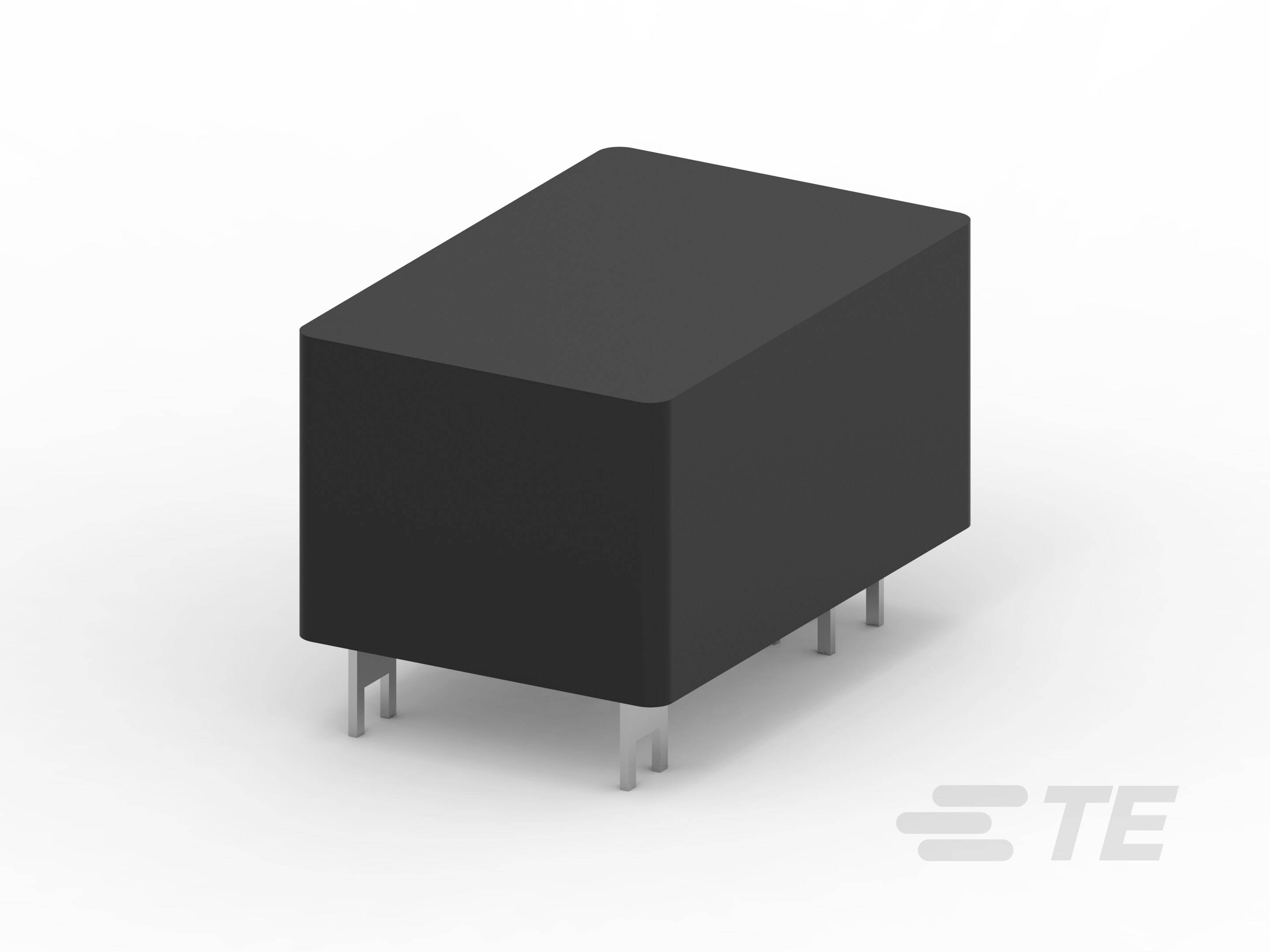 Prostokątny element elektroniczny z pięcioma pinami od spodu, przedstawiony na szarym tle. Obudowa w matowym, czarnym kolorze.