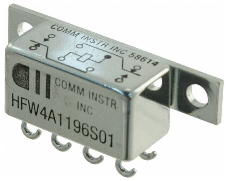 'Metalowy komponent elektroniczny oznaczony jako COMM INSTR INC HFW4A1196S01 z pięcioma złączami na dole i nawiasami montażowymi z boków.'
