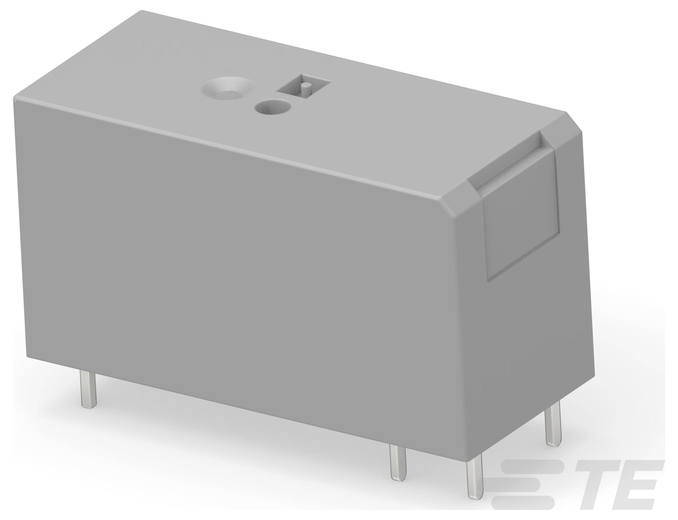 'Szary prostokątny elektroniczny przekaźnik z czterema metalowymi bolcami na dole, zaprojektowany do zastosowań w obwodach elektrycznych.'