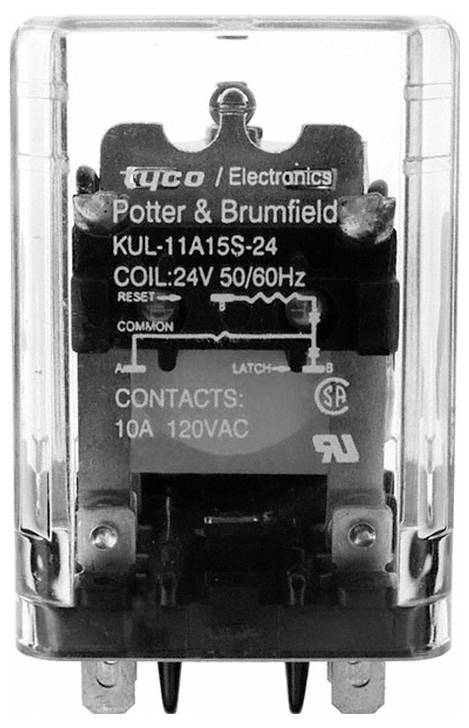 'Przezroczysty przekaźnik z opisem: Potter & Brumfield, KUL-11A15S-24, cewka: 24V 50/60Hz, kontakty: 10A 120VAC.'