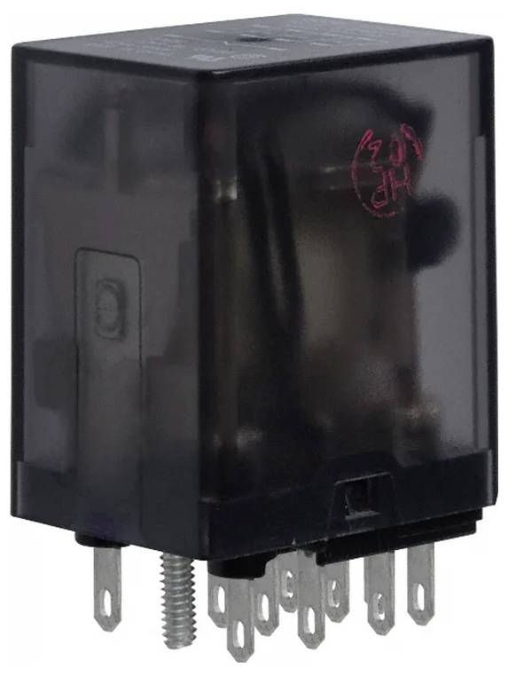 Przezroczysty przekaźnik elektroniczny z widocznymi wieloma metalowymi bolcami na dnie. Przekaźnik jest obudowany w przezroczystej obudowie plastikowej.