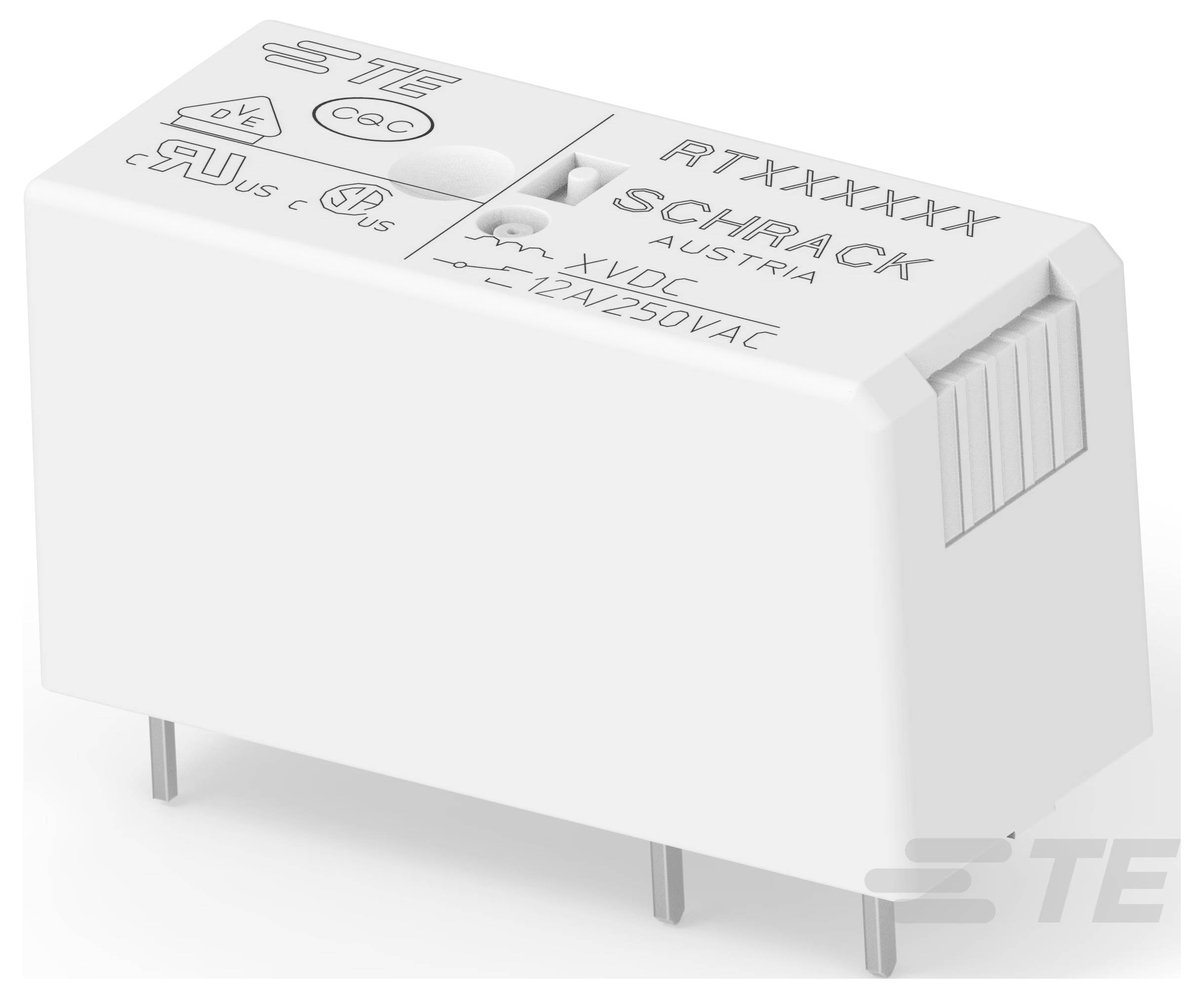 Biały element przekaźnika oznaczony 'RTXXXXX SCHRACK AUSTRIA' ze specyfikacjami elektrycznymi, w tym '12VDC 12A/250VAC' wydrukowanymi na nim.