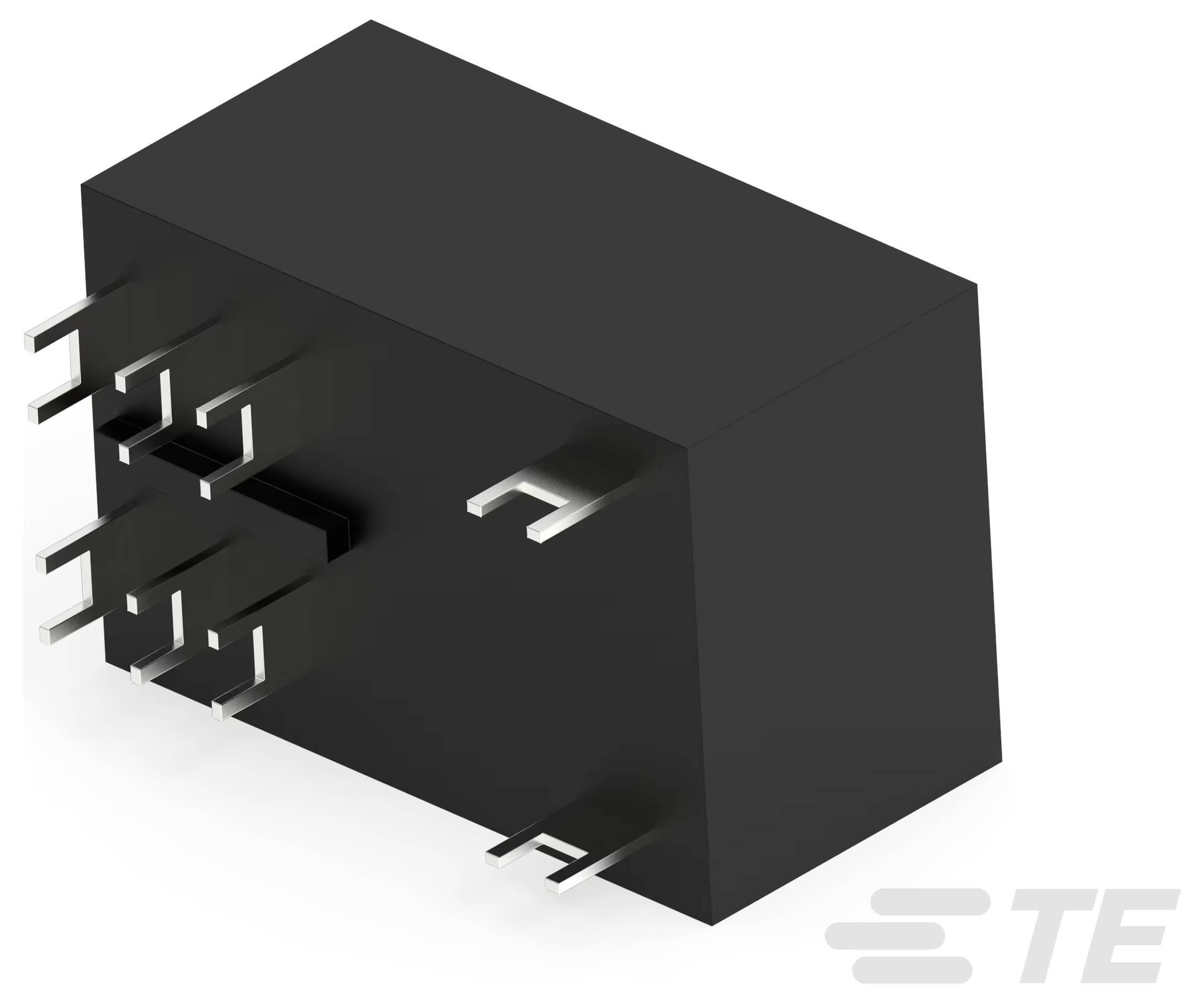 "TE Connectivity przekaźnik" pokazujący czarny prostokątny komponent elektroniczny z wieloma metalowymi zaciskami do połączeń elektrycznych.