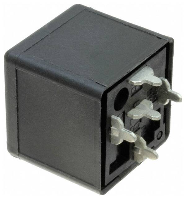 Czarny przekaźnik elektryczny z czterema metalowymi bolcami na jednej stronie, używany do sterowania obwodem za pomocą oddzielnego sygnału niskiej mocy.