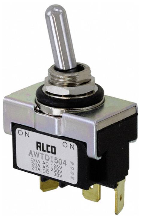 Przełącznik drążkowy oznaczony etykietą 'ALCO AWTD1504,' pokazujący dwie pozycje: 'ON' i 'OFF.' Znamionowo 20A AC/125V, 10A AC/250V, 20A DC/30V.
