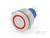 Srebrny okrągły przycisk z czerwonym pierścieniem i niebieskim tyłem, odpowiedni do zastosowań elektronicznych, na białym tle.