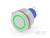 Okrągły, srebrny przycisk wciskany z zielonym pierścieniem świecącym LED, z wystającymi niebieskimi i białymi złączami elektrycznymi na tylnej stronie.