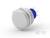 Okrągły, biały przycisk naciskowy z niebieską podstawą i trzema stykami. Nadaje się do montażu w systemach elektrycznego sterowania.