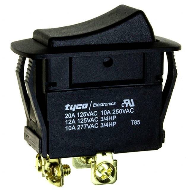 Elektroniczny przełącznik z czarnym włącznikiem i białymi specyfikacjami technicznymi na przedniej części.