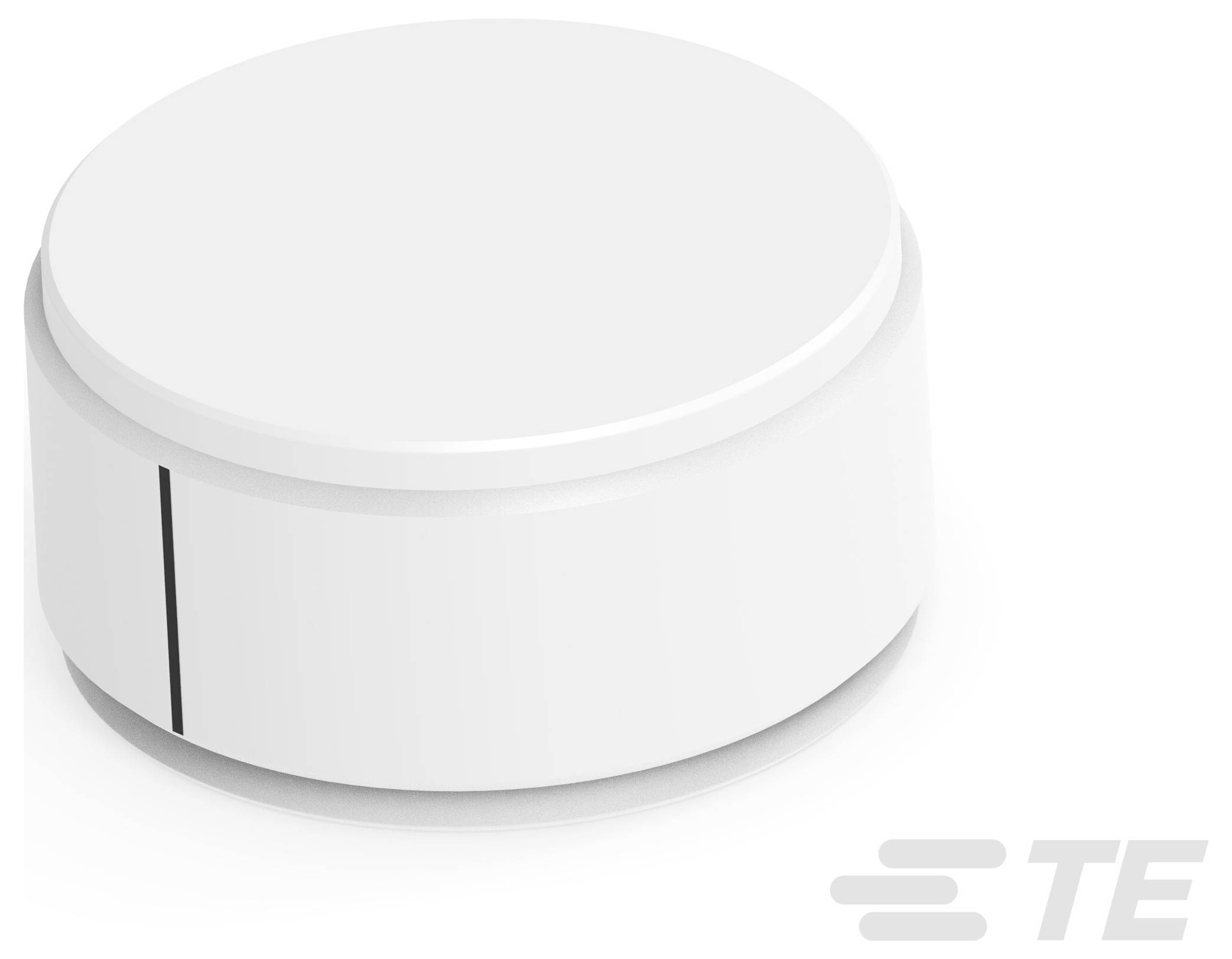 Okrągły, biały elektroniczny komponent z małą czarną linią na boku, wyróżniający się minimalistycznym wzorem. Logo "TE" znajduje się w prawym dolnym rogu.