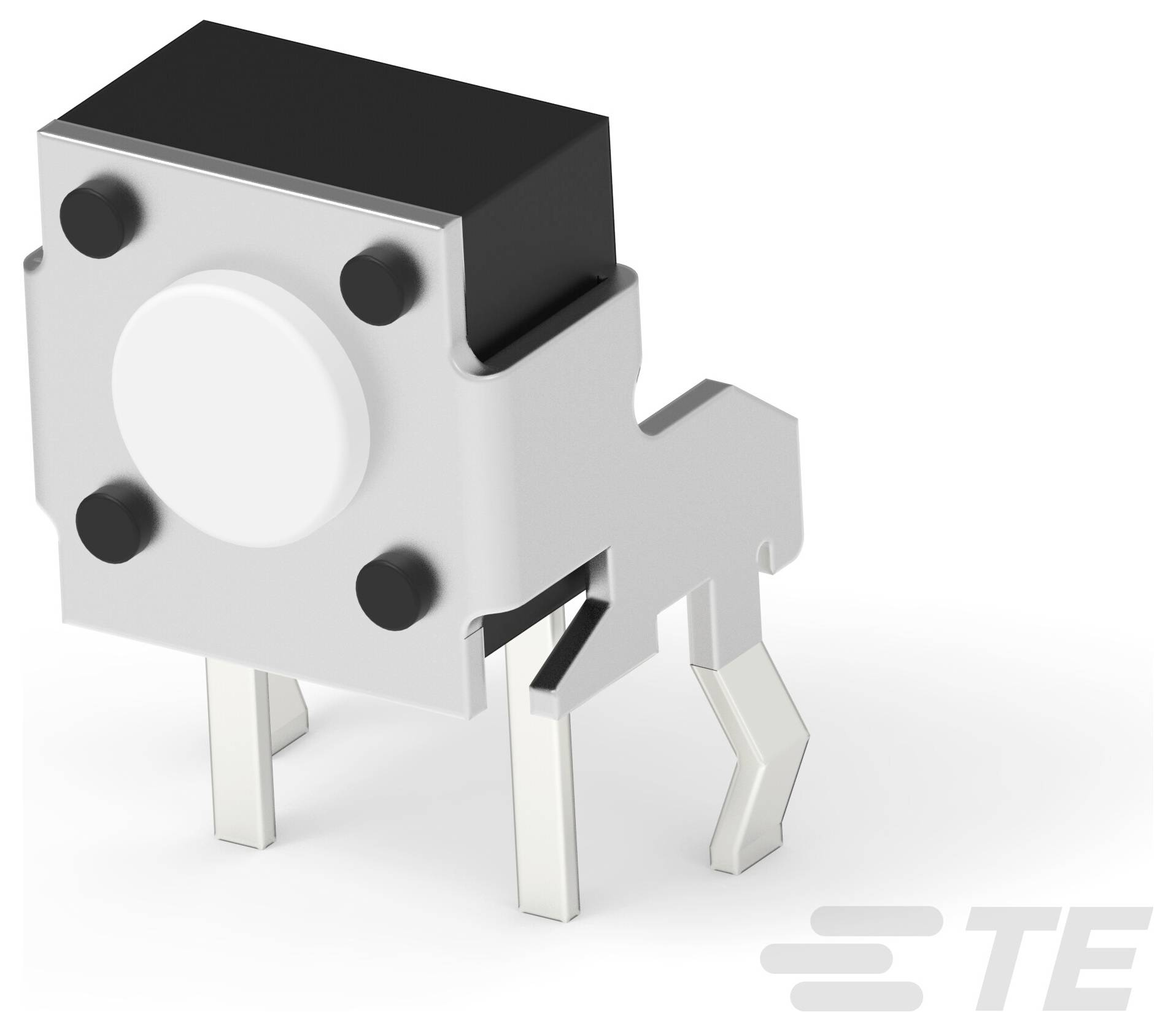 Trójwymiarowa wizualizacja metalowego złącza elektrycznego z dwoma równoległymi gniazdami i zaciskiem do bezpiecznego zamocowania, z logo TE w rogu.