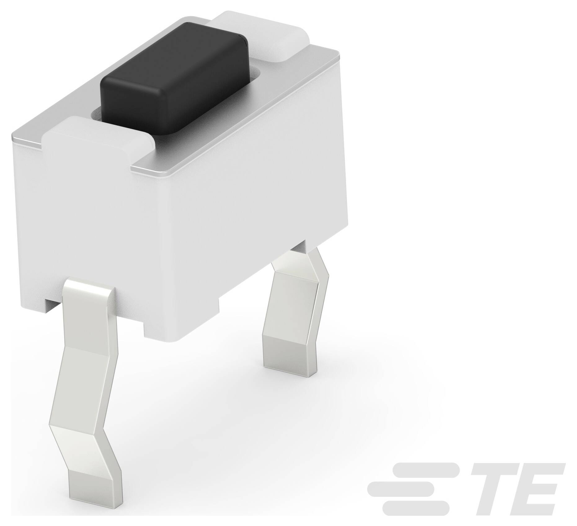 Przycisk taktylny do montażu powierzchniowego z czterema zaciskami i czarnym aktuatorem, używany w urządzeniach elektronicznych. Logo TE w prawym dolnym rogu.