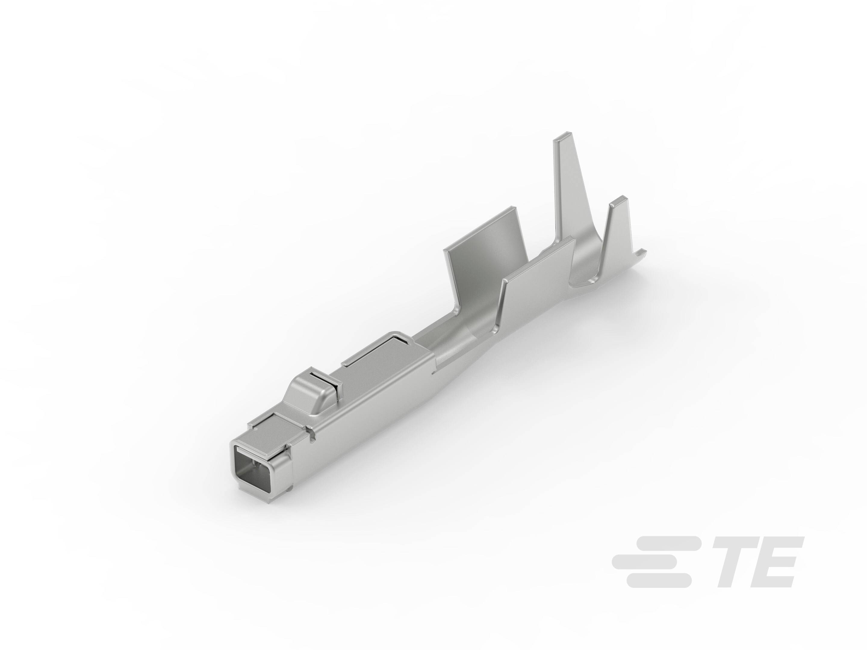Metalowy elektryczny styk wtykowy na białym tle, przedstawiony ze szczegółami technicznymi.