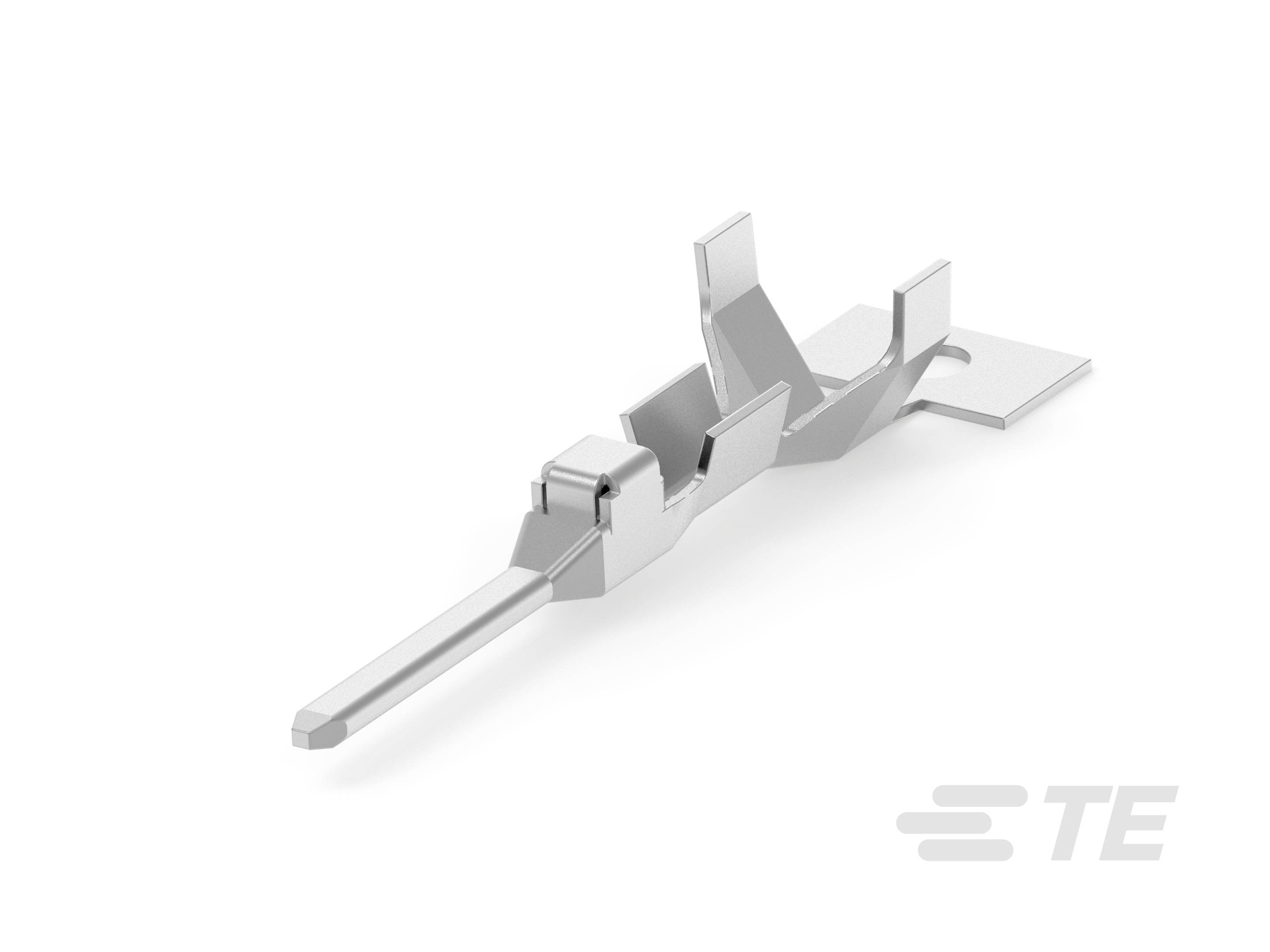 Srebrny metalowy styk elektryczny z płaskim końcem i dwoma zaciskami bocznymi do mocowania.