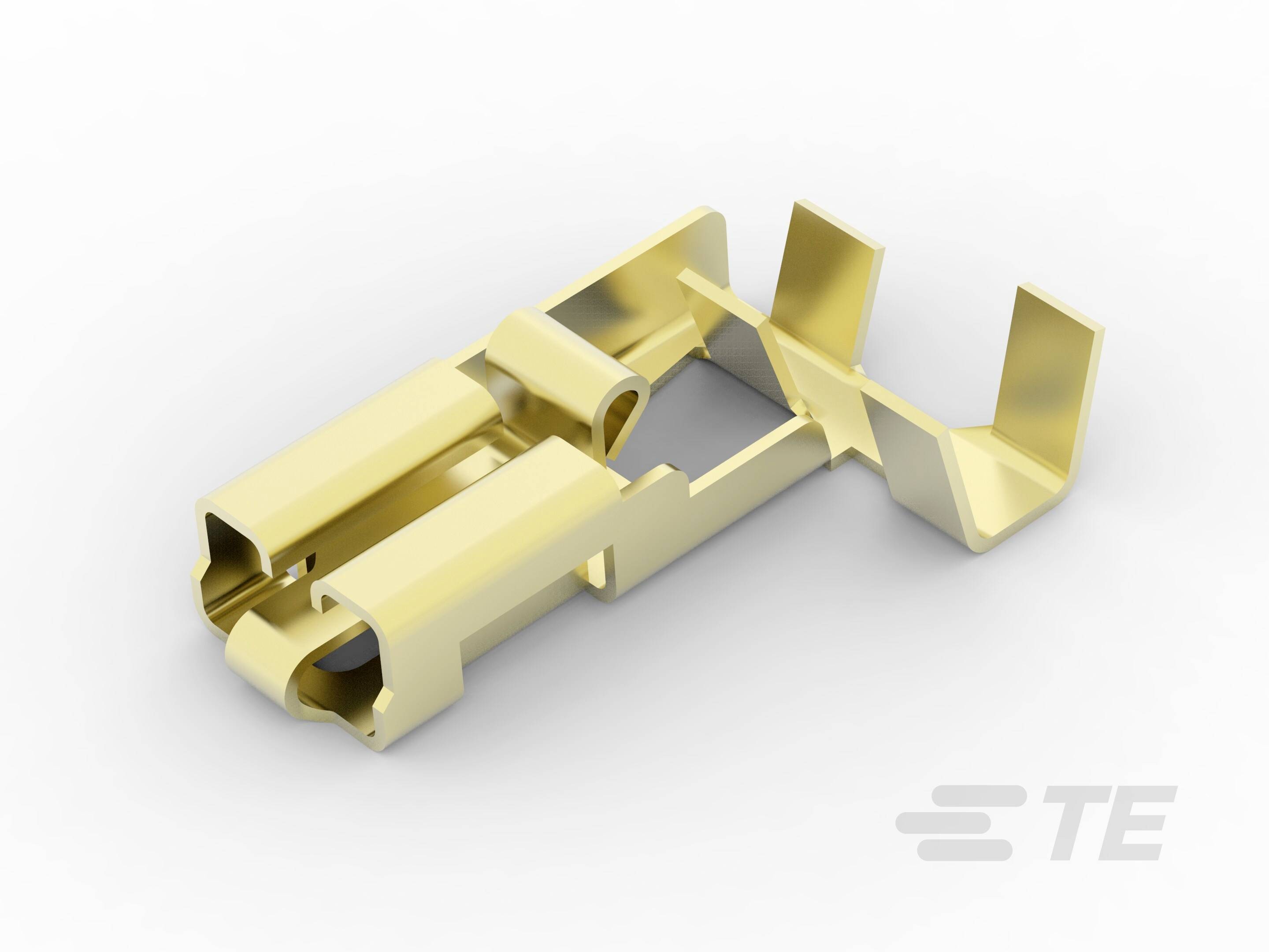 Złoty metalowy wtyk na białym tle. Wtyk posiada kilka wycięć i jest elementem technicznym.