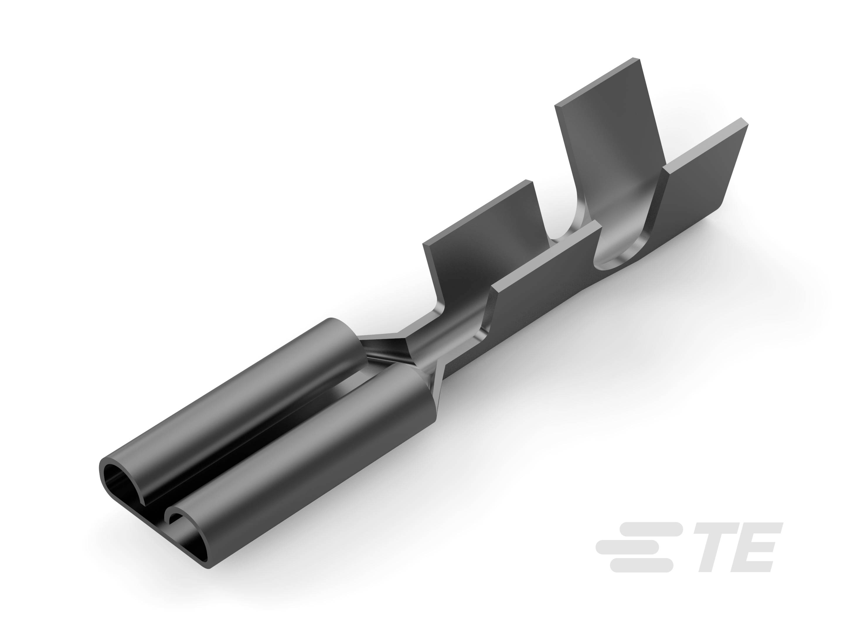 Metalowy złącz z podwójnym przyłączem kablowym, otworem bocznym i logo TE. Stosowany w połączeniach elektrycznych.