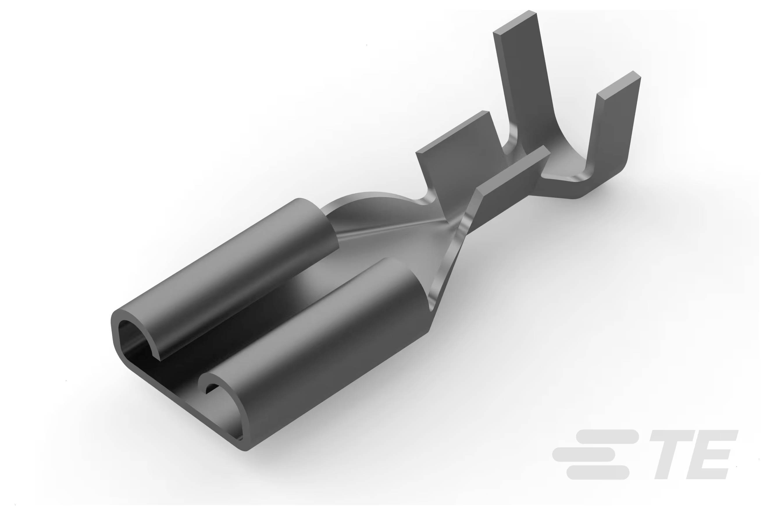 Zbliżenie, obraz renderowany w 3D przedstawiający zacisk złącza elektrycznego, ukazujący jego metaliczną strukturę i dwukołkowy design, z logo TE.