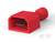 Czerwona izolowana złączka płaska do połączeń elektrycznych, widok z boku. Odpowiednia do końcówek kablowych zapewniających bezpieczne połączenie.