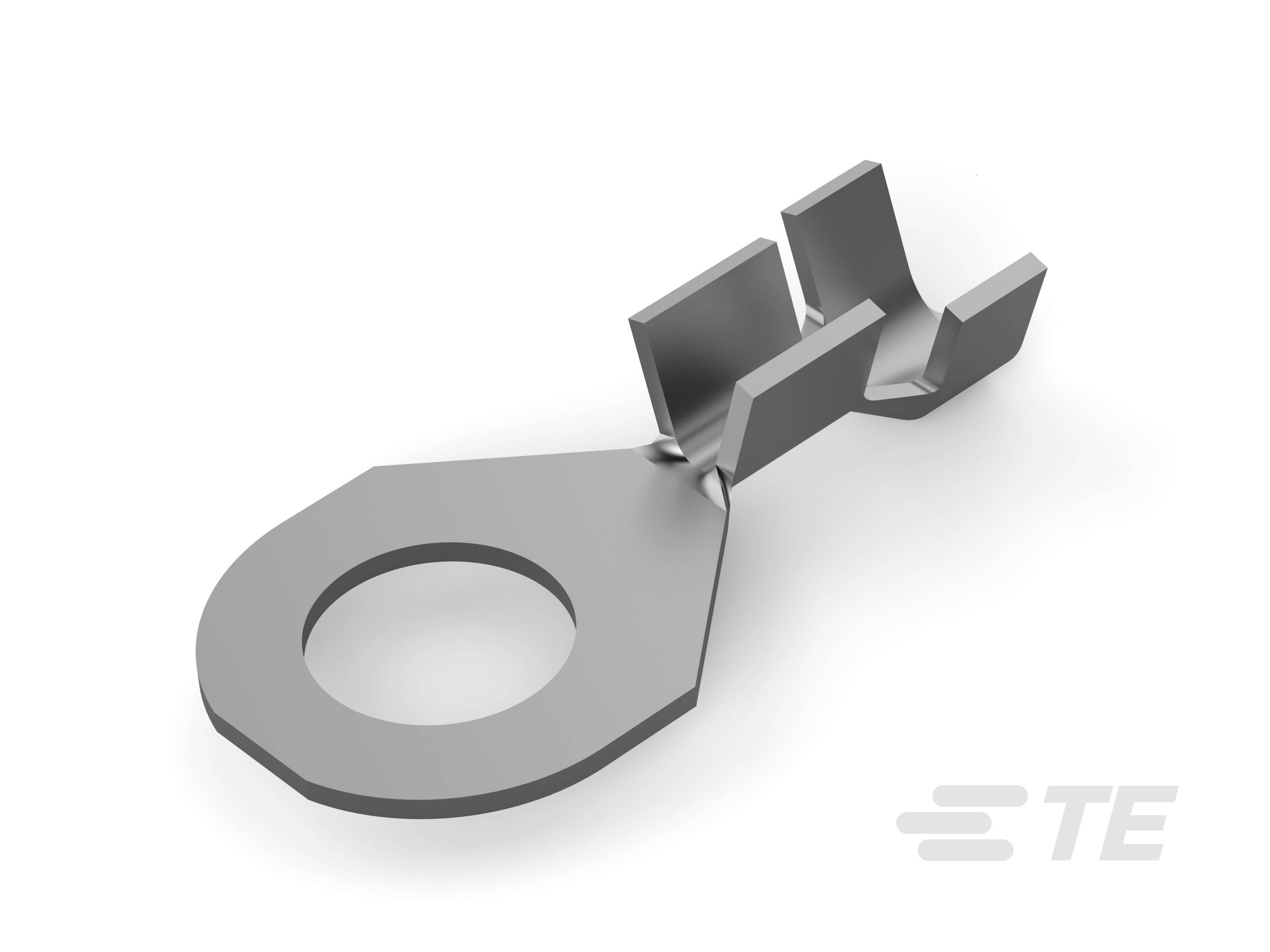 Złącze metalowe z okrągłym oczkiem i dwoma zakładkami, odpowiednie do zastosowań elektrycznych. Logo producenta w dolnym prawym rogu.