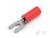Czerwony, izolowany końcówka przewodu w kształcie widelca wykonana z metalu i tworzywa sztucznego, stosowana do połączeń elektrycznych.