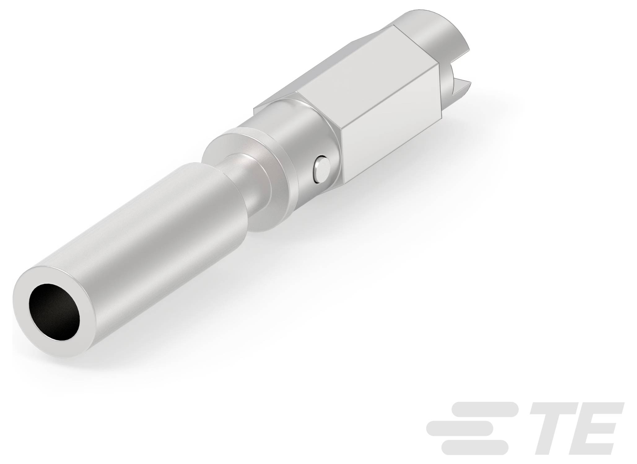 Obraz srebrnego metalicznego złącza, cylindrycznego kształtu z sześciokątnym przekrojem, przeznaczonego do połączeń elektrycznych.