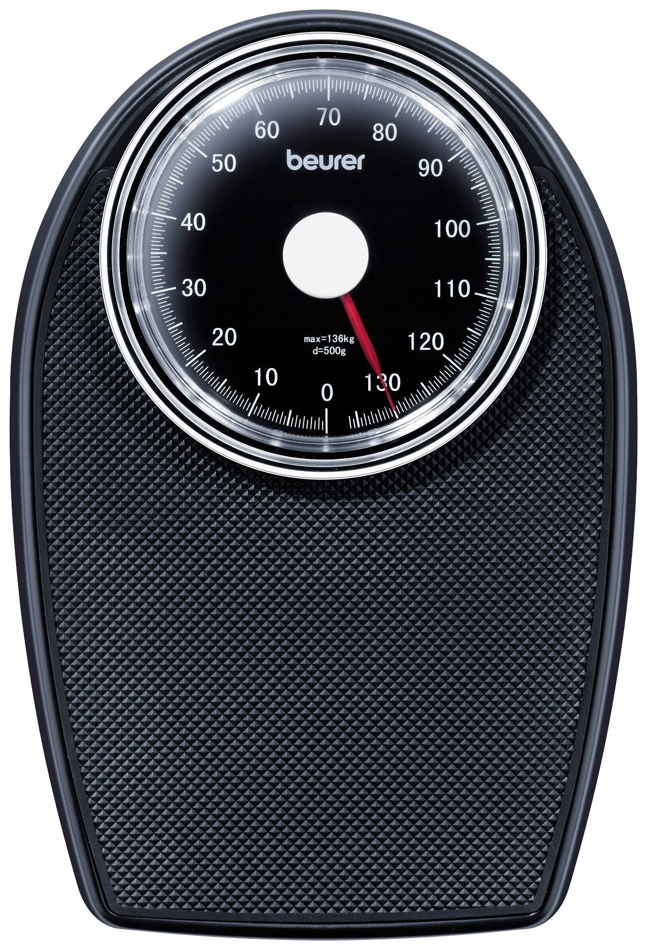 Analogowa waga łazienkowa z okrągłą skalą, wskazuje wagę do 130 kg. Czuarna obudowa z antypoślizgową powierzchnią.