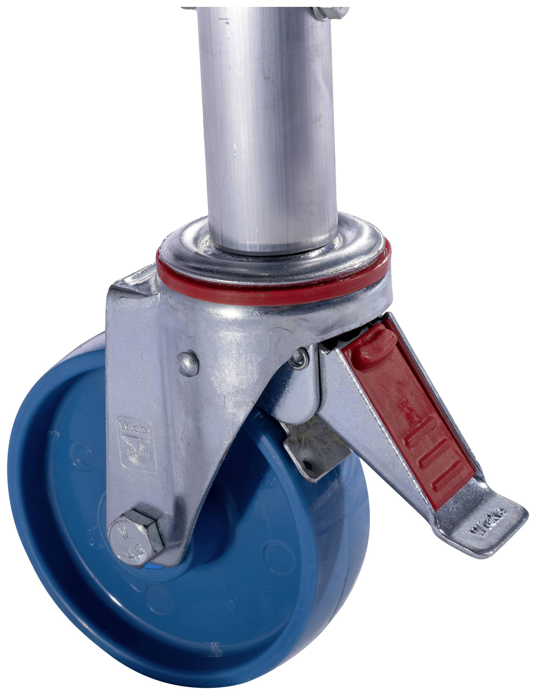 Obraz przedstawia niebieską rolkę o metalowej strukturze z czerwoną dźwignią blokującą. Rolka jest zamocowana na srebrnej rurze.