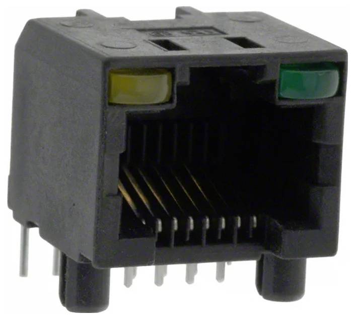 Czarny port Ethernet RJ45 z widocznymi metalowymi stykami i dwoma wskaźnikami LED - żółtym i zielonym - w górnych narożnikach.