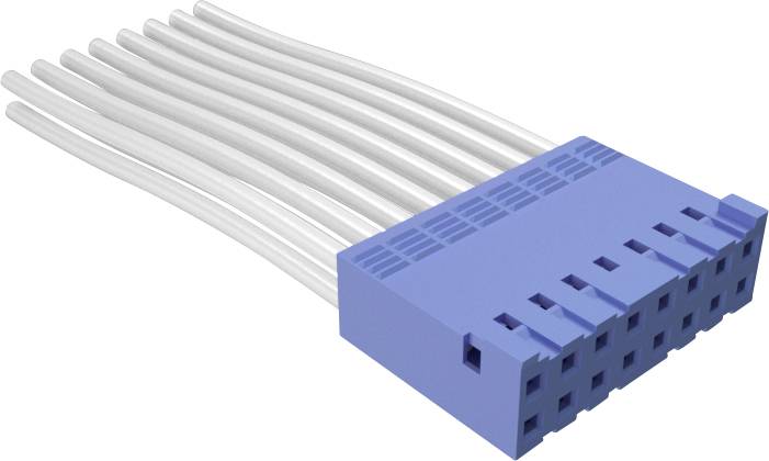 Złącze elektryczne z niebieską obudową i wieloma białymi przewodami, służące do ustanawiania połączeń elektrycznych.