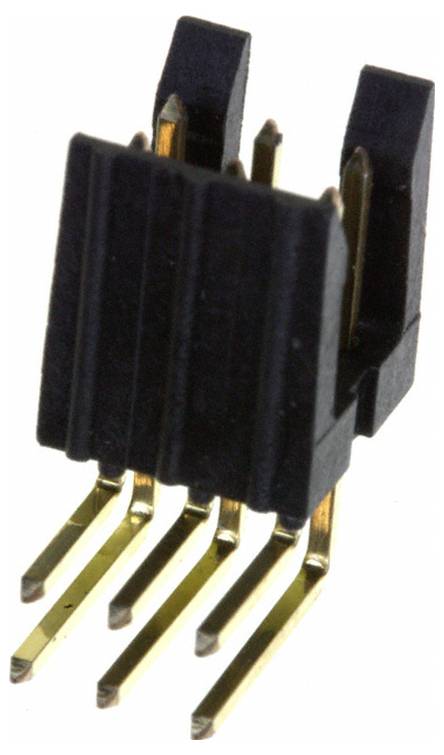 Czarny i złoty ukośny złącze męskie z pięcioma bolcami, używane do połączeń elektrycznych między płytkami w elektronice.