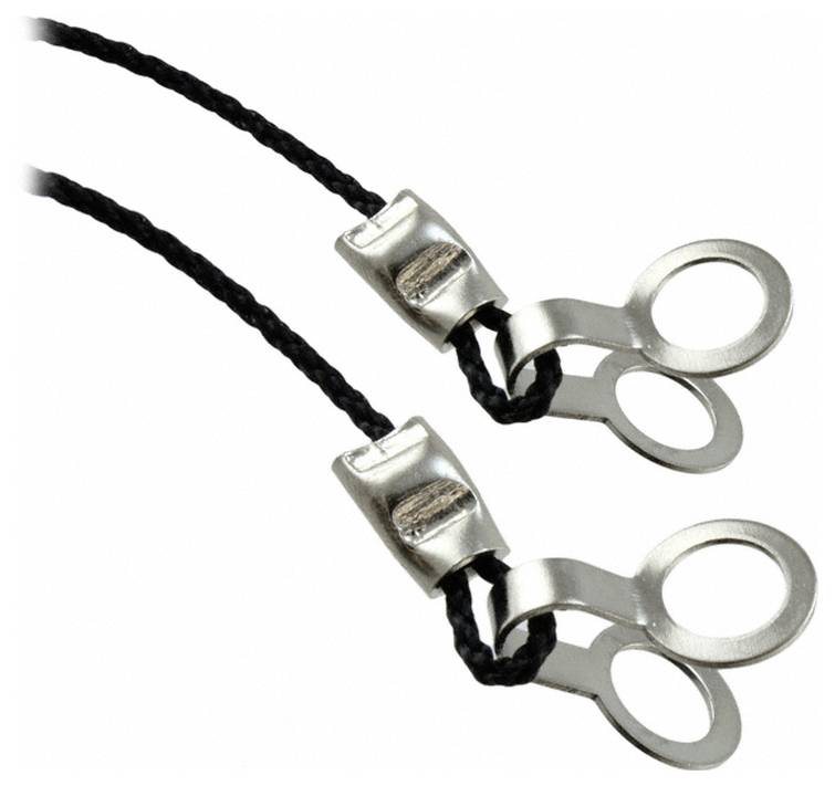 Dwie czarne pętle z metalowymi zaciśniętymi końcówkami tworzą noszony element zabezpieczający okulary, używany do zapobiegania zgubienia lub zagubienia okularów.