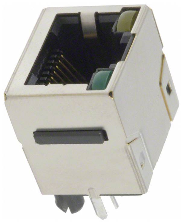 Srebrny modułowy konektor Ethernet RJ45 z widocznymi metalowymi stykami i plastikową obudową, widok z perspektywy.
