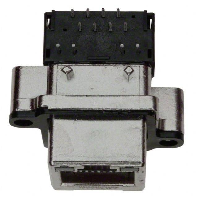 Zbliżenie złącza elektronicznego z prostokątną metalową obudową i wieloma stykami do przesyłu danych.