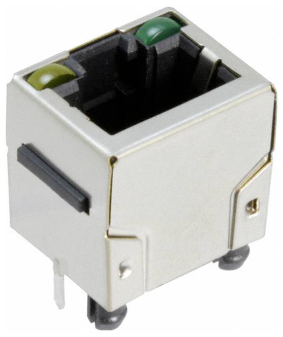 Zbliżenie portu Ethernet z dwoma diodami LED, jedną zieloną i jedną żółtą, wskazującymi stan połączenia, na metalowej obudowie.