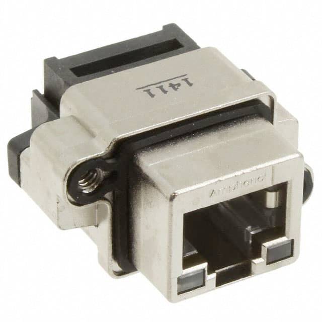 Srebrny adapter złącza sieciowego RJ45 w zbliżeniu, z czarną częścią plastikową na górze.