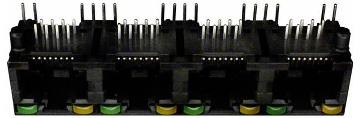 Blok złącz Ethernet wieloportowy z czterema portami, czarną obudową oraz zielonymi i żółtymi wskaźnikami u dołu.