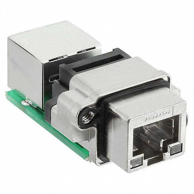 Moduł złącza RJ45 w obudowie metalowej, przeznaczony do połączeń kablowych sieci. Przedstawia gniazdo i fragment płytki drukowanej.