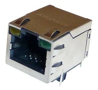 Metalowy złącze RJ45 Ethernet z dwoma wskaźnikami LED w jednej obudowie. Używane do połączeń sieciowych.